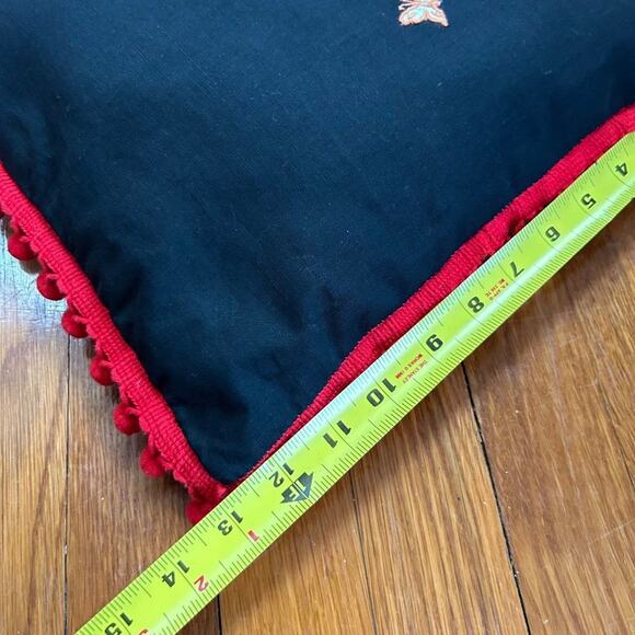 Vintage Handmade "Sweet as a Rose" Black Pillow with Red Pom Pom Trim Border - Picture 9 of 12